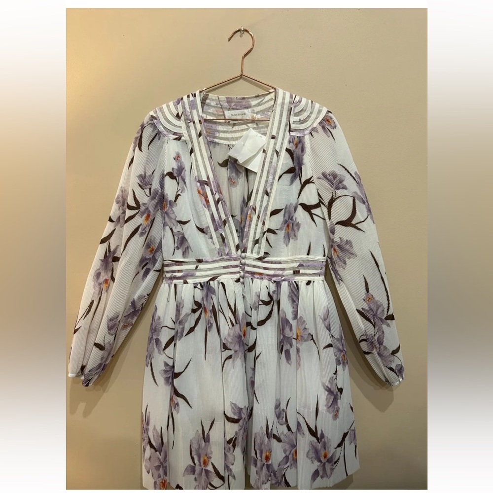Zimmermann Corsage Plisse Floral Pleated Mini Dress Purple Womens Size 3